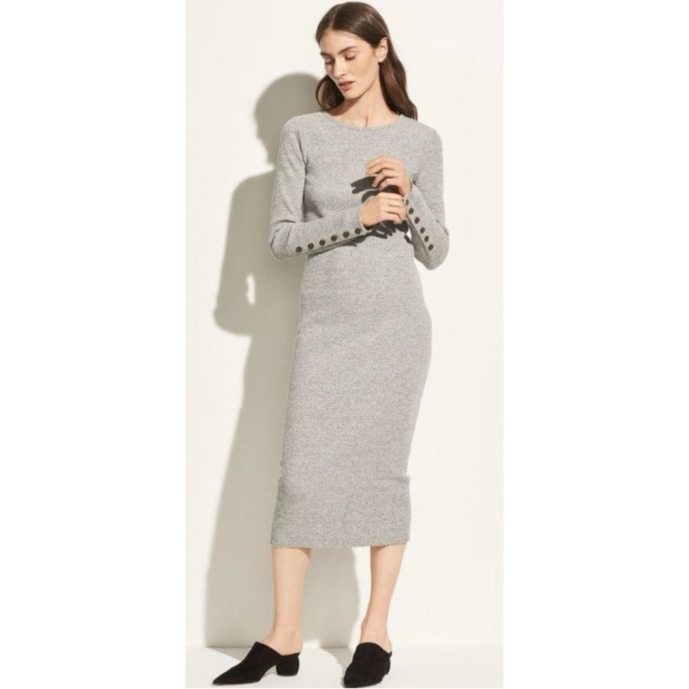 Vince Heathered Gray Long Sleeve Knit Dress with Button Sleeves